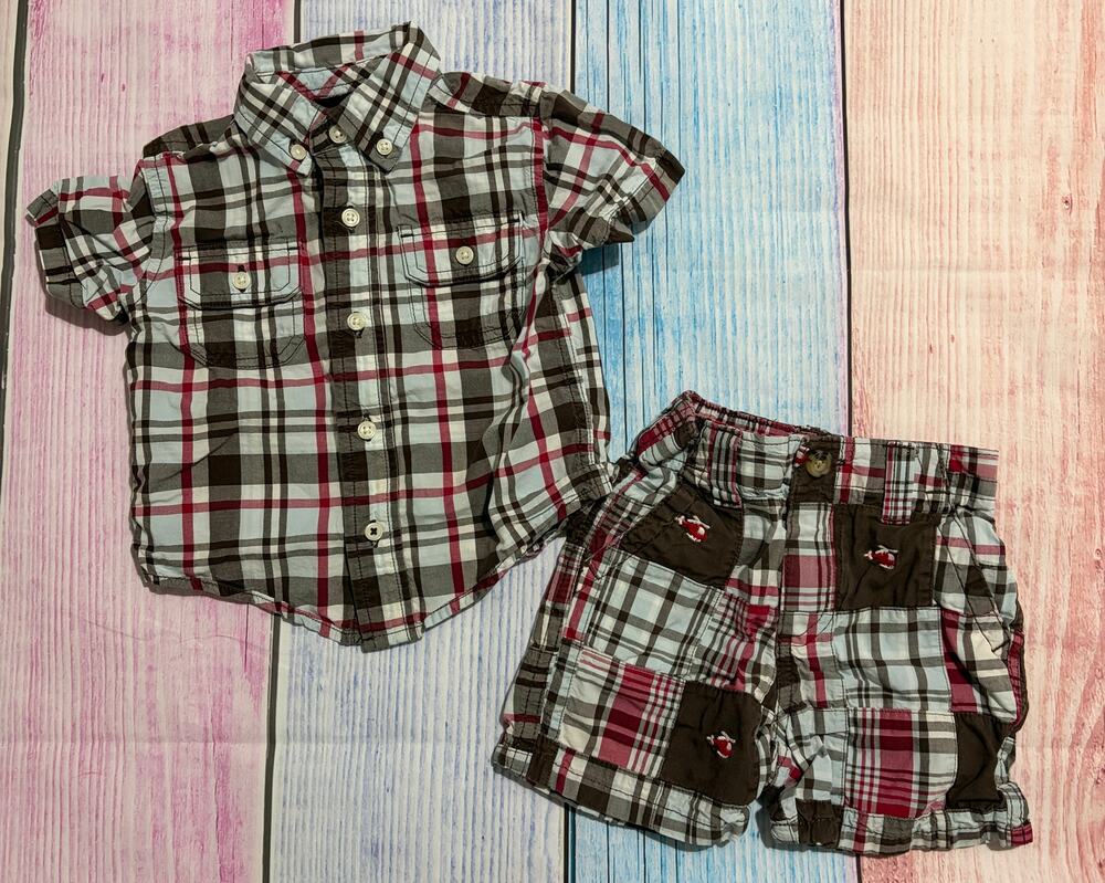 Gymboree Rescue Team patchwork plaid helicopter 2-piece set, size 6–12 months